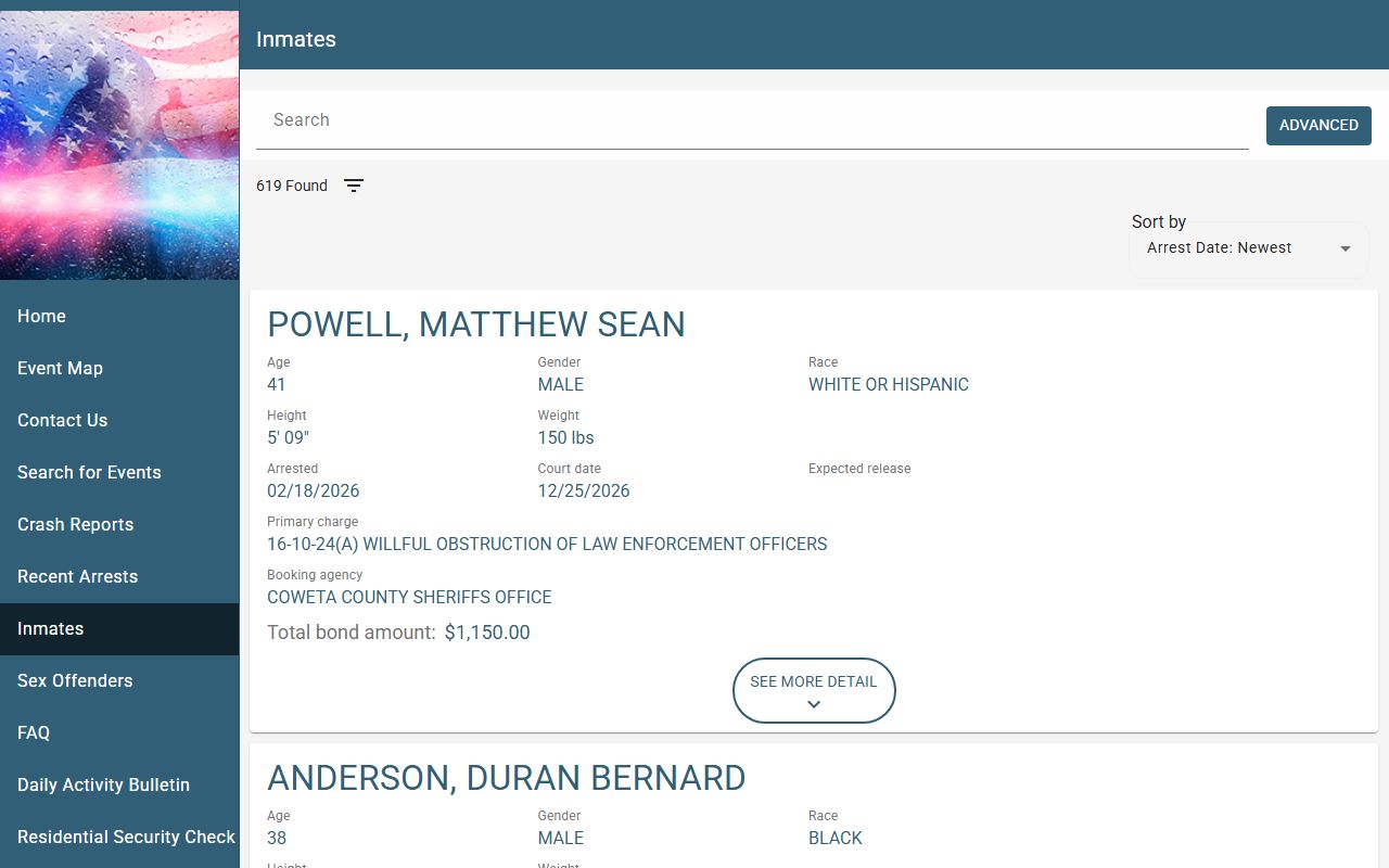 Coweta County Sheriff inmate catalog for booking reports and jail records