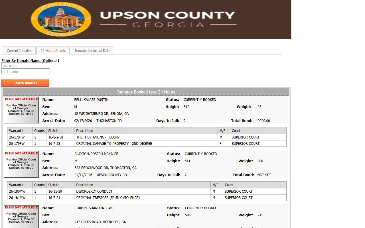 Upson County 24-hour inmate search Thomaston Georgia booking reports