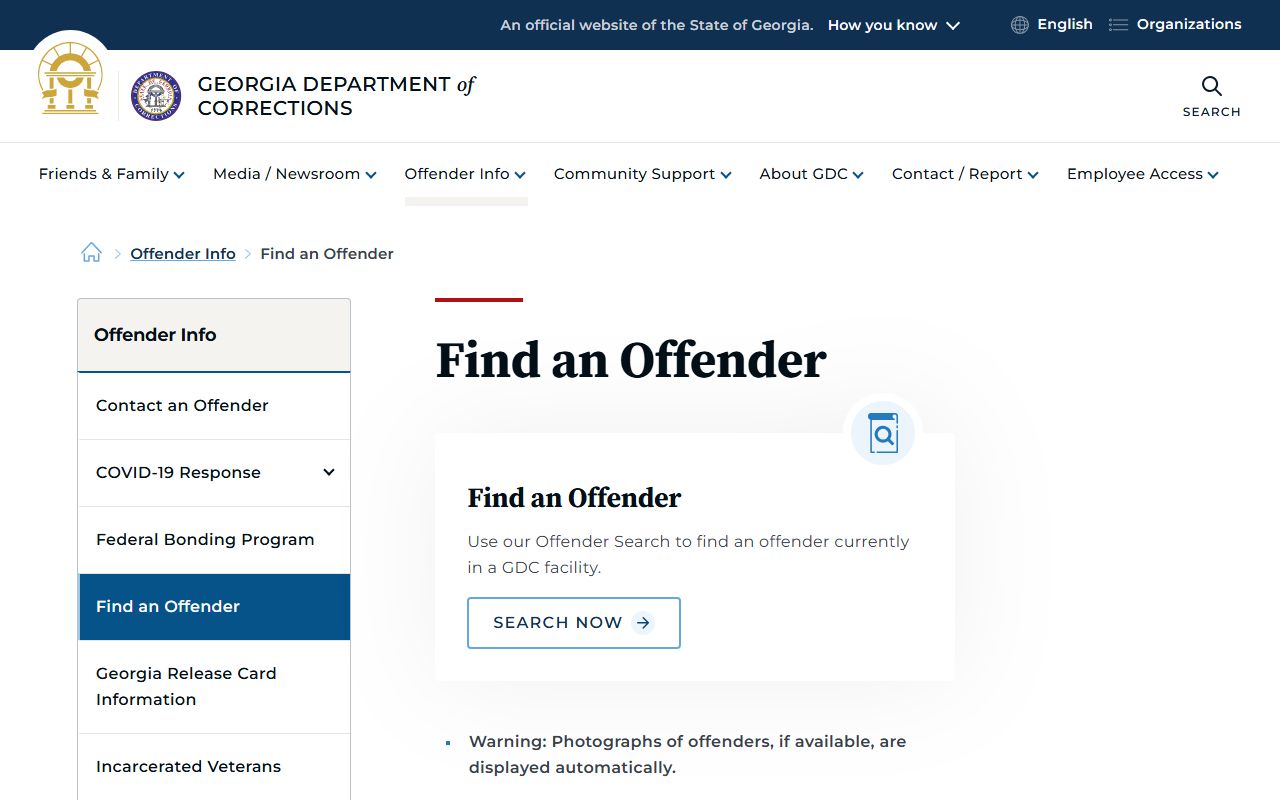 Georgia Department of Corrections offender search portal for state inmates